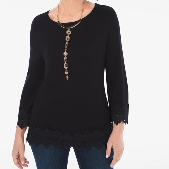 Chico's Tops - Chicos Womens Black Lace Trim Ponte Stretch 3/4 Sleeve Top Size 2 Large
